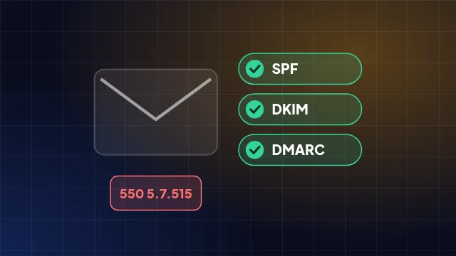 Ilustrasi amplop email dengan tiga tanda centang SPF, DKIM, DMARC dan kode penolakan 550 5.7.515