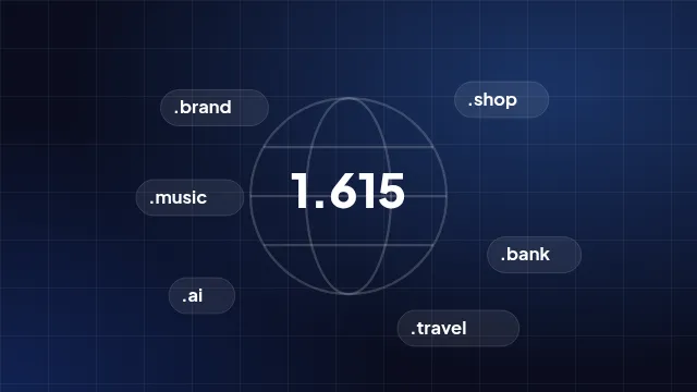 Ilustrasi bola dunia dengan angka 1.615 dikelilingi ekstensi domain baru seperti .brand, .shop, dan .bank