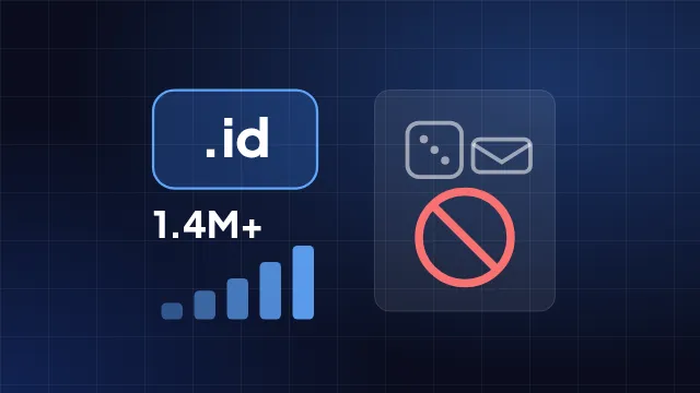 Ilustrasi ekstensi .id dengan grafik pertumbuhan dan tanda larangan untuk situs judi dan phishing