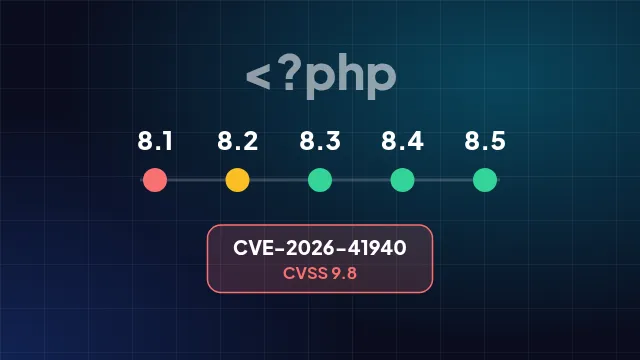 Ilustrasi garis waktu versi PHP 8.1 hingga 8.5 dan peringatan celah cPanel CVE-2026-41940 bernilai CVSS 9.8